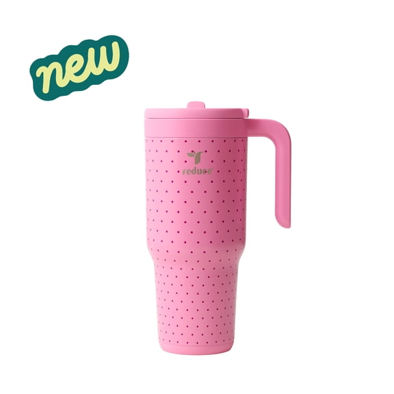 Reduce 34oz Chiller Go Travel Tumbler with Travel Handle, Lid & Flip Up Straw, Insulated Stainless Steel, Rosy Pink Dots