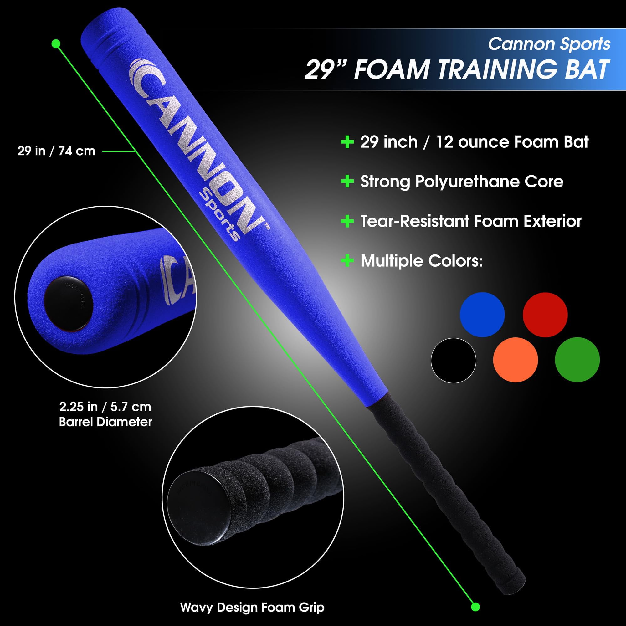 Cannon Sports Foam Baseball Softball Bat - 29-Inch Padded Training Bat with Strong Poly-Core – Soft Foam Practice Bat (Blue, 1 Bat)