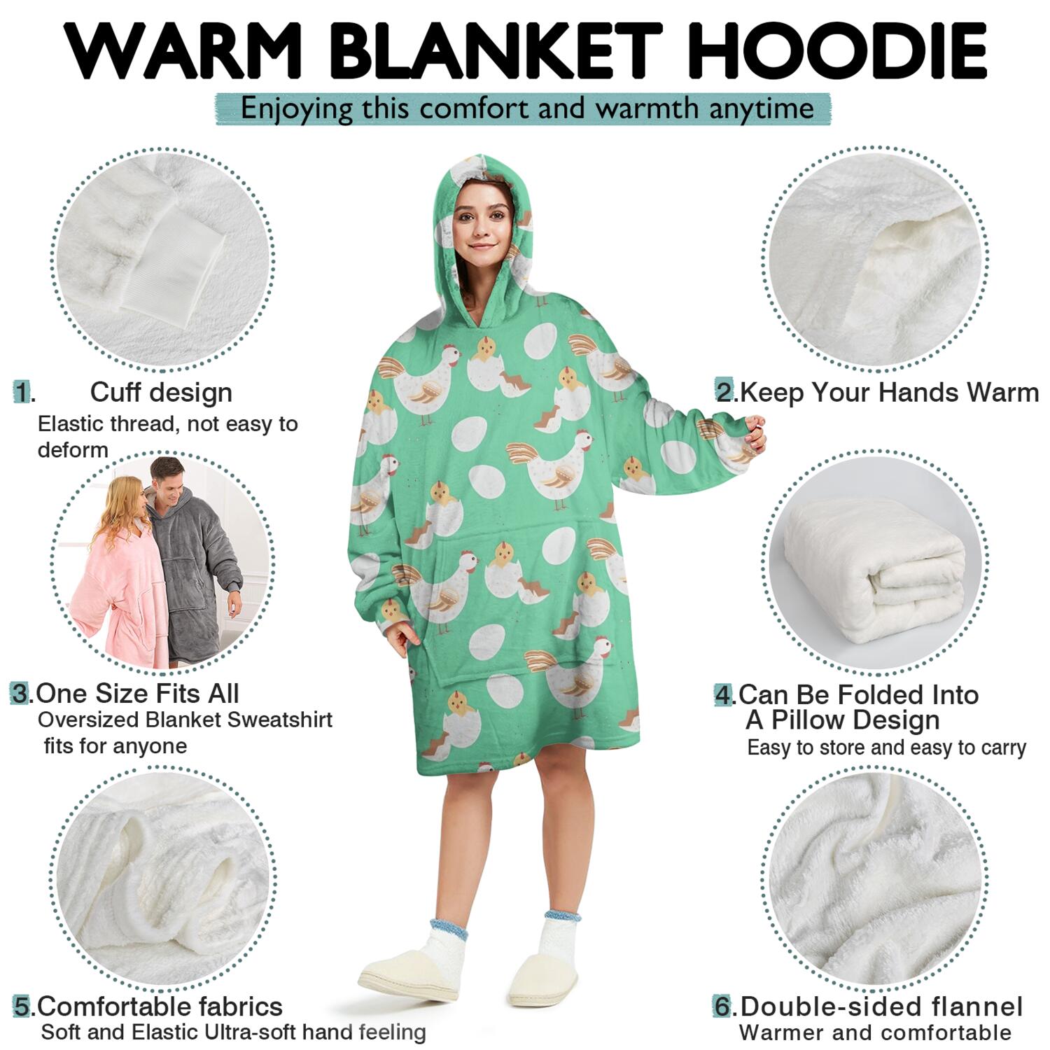 Wearable Oversized Blanket,Green Chicken White Hen Egg Pattern Wearable Blanket Hoodie for Adults,Cozy Hooded Blankets with Super Pockets,Super Warm Fuzzy Pullover for Women & Men