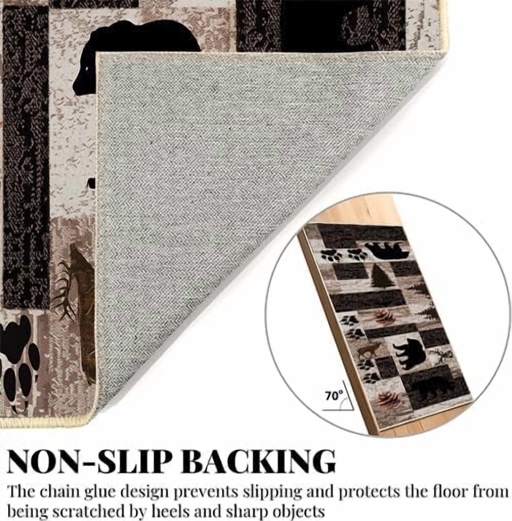 Rustic Lodge Runner Rug,2x7ft,Western Country Bear Elk Deer Wildlife Log Design,Forest Landscape Hunting Theme Rug,with Non Slip Backing Washable Rugs, Non Slip Pet Friendly Rug for Hallway