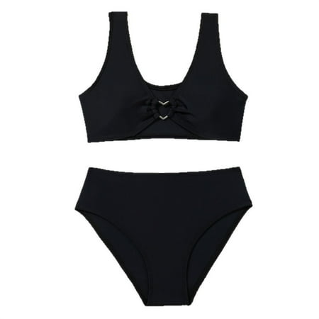 Toimothcn Swimsuit For Girls Sleeveless Casual Solid Color 2 Piece Bikini Set Quickly Dry Cover Up Swimwear 10-11 Years