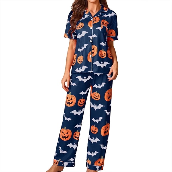 Halloween Pjs Set for Women 2 Piece Lightweight Short Sleeve Button Down Graphic Sleepwear with Shorts Relaxed Fit Women Lounge Set