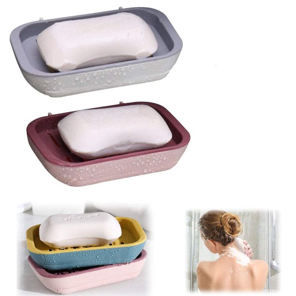 (gris + rosa claro) Caja de jabón de pared con 2 paquetes de ventosas Ormromra LKX-0895-2