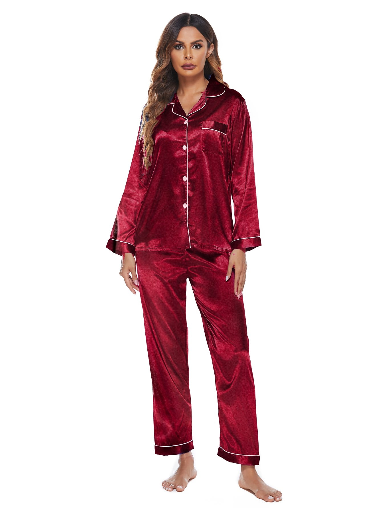 Elowel Silk Satin Pajama Set for Women - Button Down Sleepwear Pajamas ...