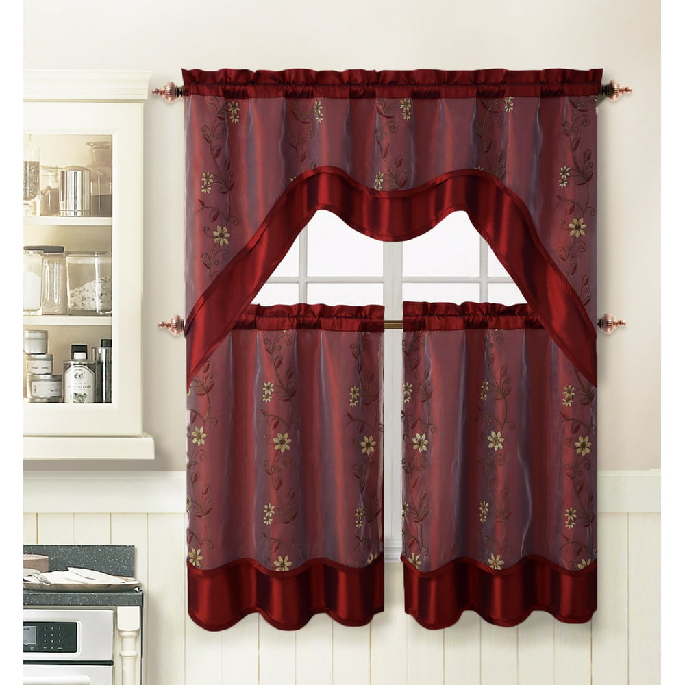 Burgundy 3 Piece Kitchen Window Curtain Treatment Set: 2 Layer