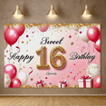 thumbnail image 5 of Pink Glittery 16th Birthday Backdrop Banner with Balloons Gifts and Confetti Happy Birthday Party Decoration Photography Prop Party Supplies Background Decorations, 5 of 7