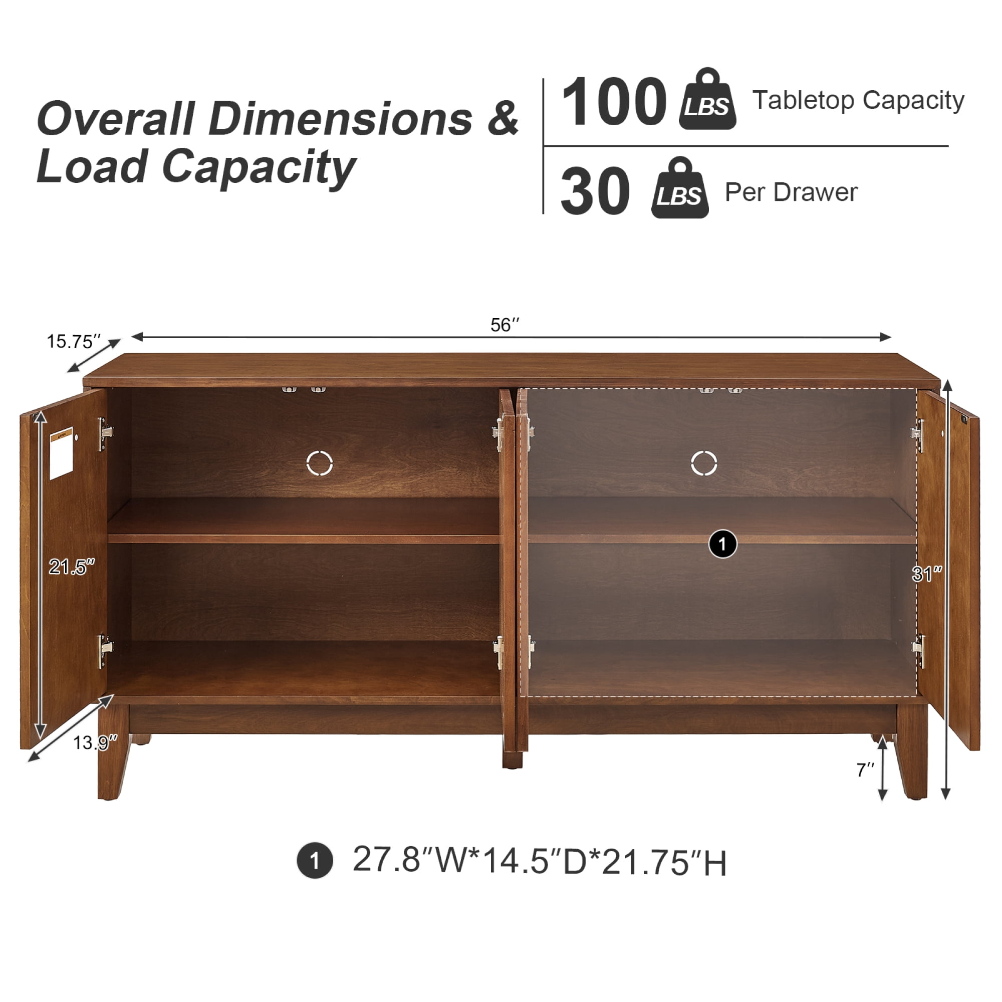 Leumius 56" Mid Century Modern TV Stand, Wood Storage Cabinet with Carved Geometric Doors, 4 Door Media Console, Sideboard Buffet Cabinet for Living Room Dining Room Entryway Walnut