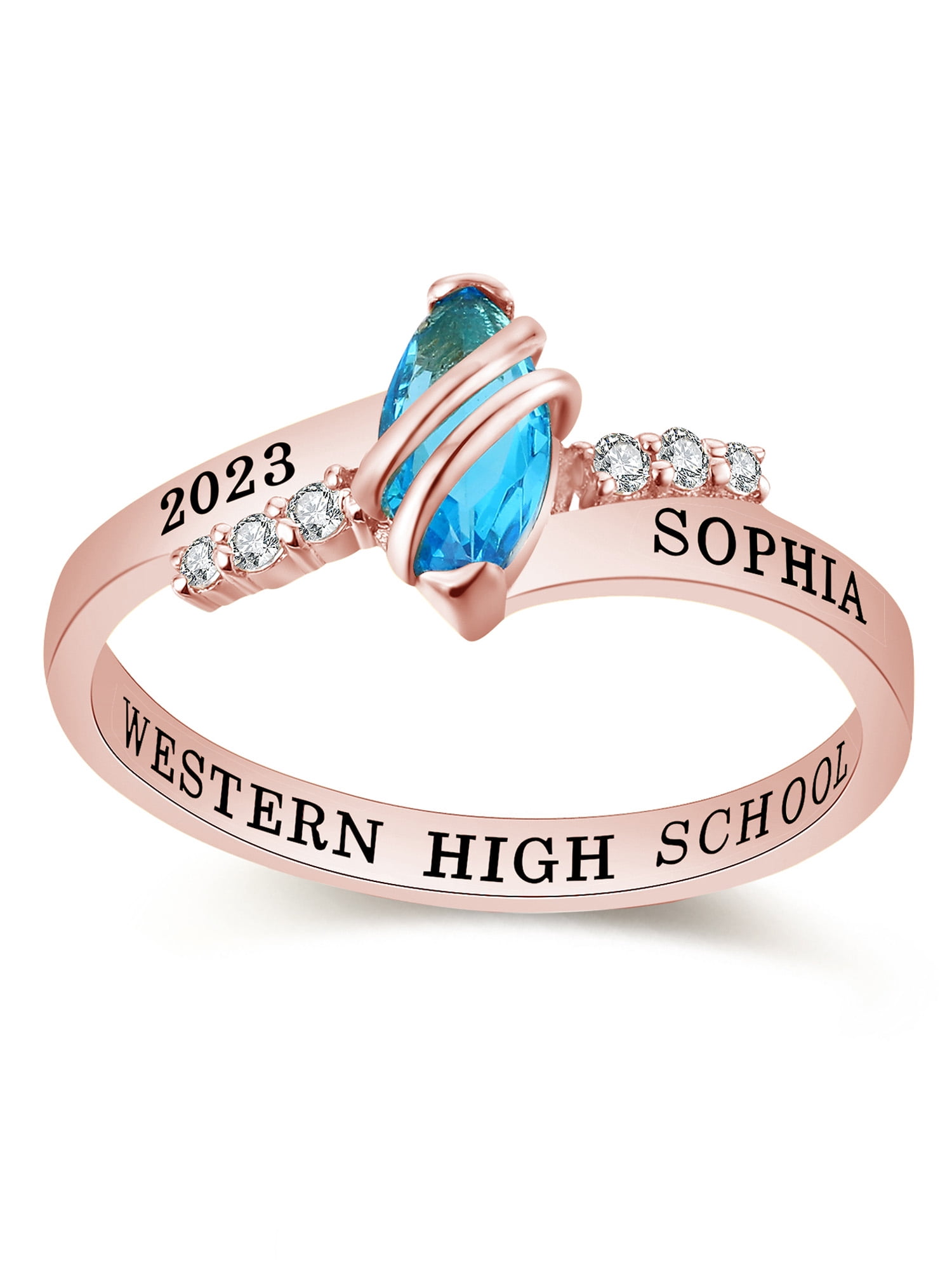 Mementos USA Custom Class Ring for Women High School and College-Sterling Silver/Rose Gold-Moonlight