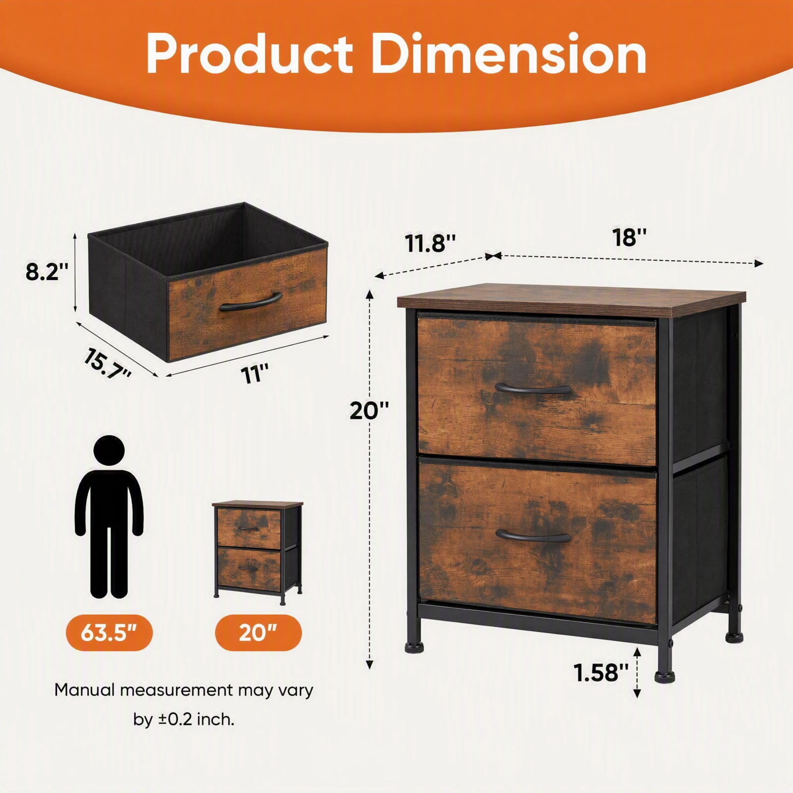 Telyra Fabric Nightstand with 2 Drawers 20" Bedside Table with Wood Top and Steel Frame Small Storage Organizer, Rust