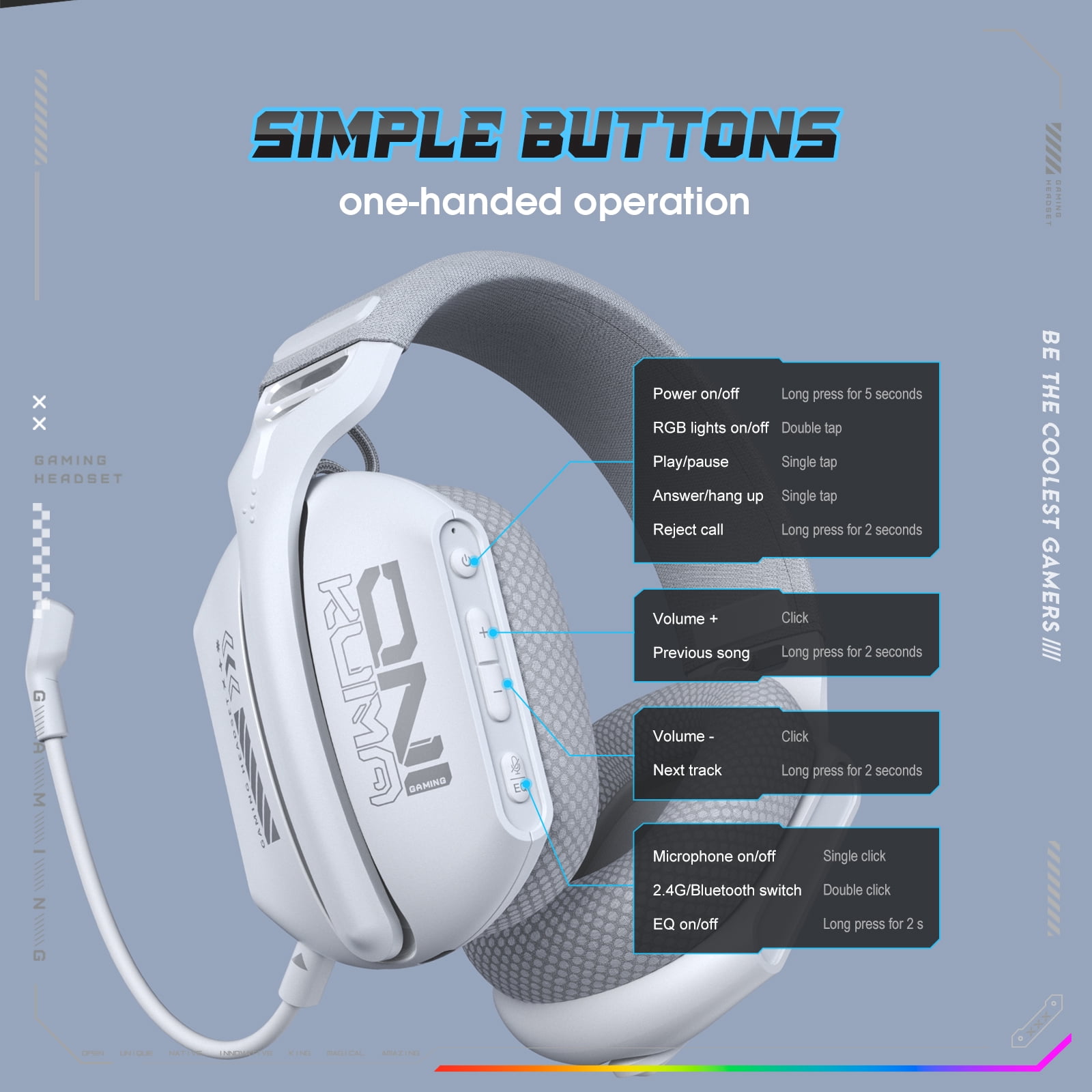 Siivton Wireless Gaming Headset – 2.4 GHz/Bluetooth 5.3 Gaming Headphone, 60H Playtime, Detachable Mic,for PS5/PS4,Xbox,Switch,Phone,Mac, PC(White)
