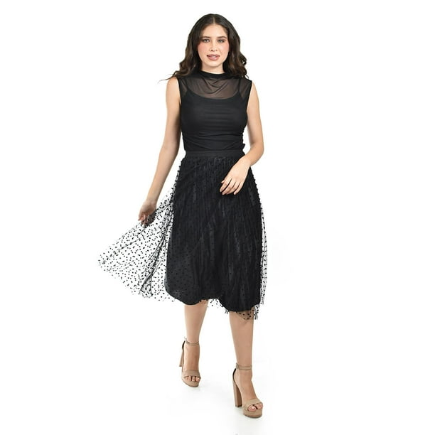 Falda midi de tul con lunares Roman Fashion /Juvenil, 101 (Negro) negro M