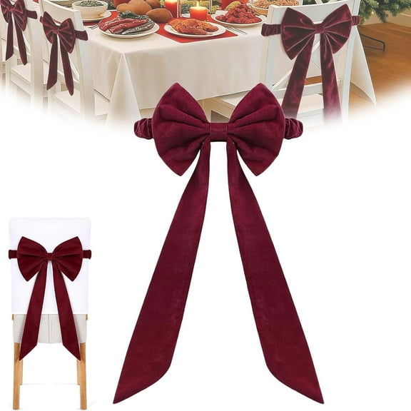 Elastic Chair Bows, Christmas Chair Sashes Red Bows, Elastic Burgundy Velvet Sashes Chairs Bows for Christmas Banquet Home Wedding Events Holiday Event Decor Banquets Party (1, Style A)