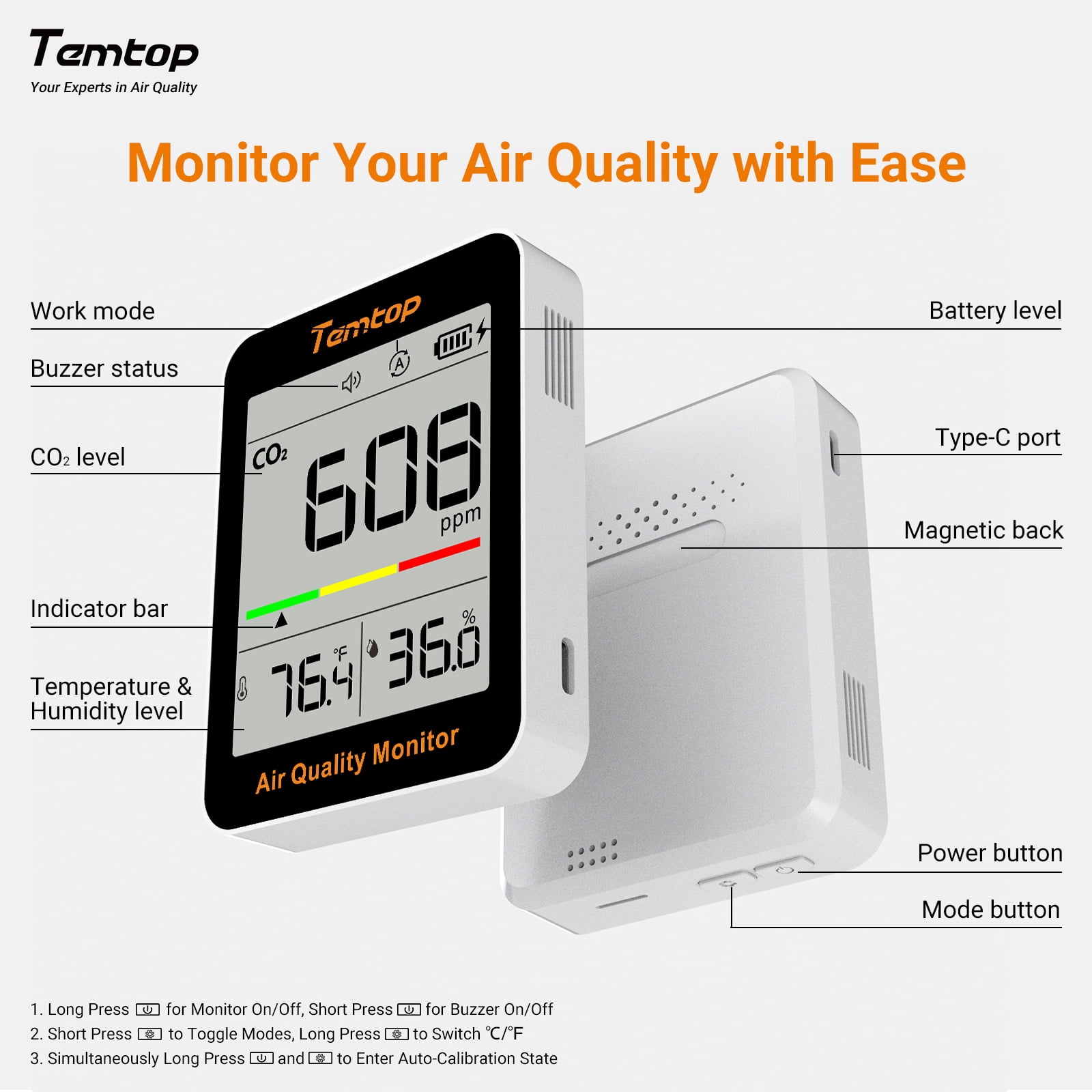 Temtop C1 CO2 Monitor Indoor air Quality Monitor Portable CO2 Meter, CO2, Temperature, Humidity Home, Office or School