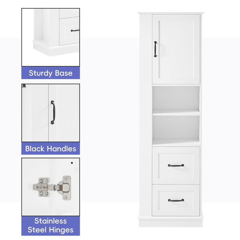 Freestanding Bathroom Storage Cabinet, Pantry Sideboard Storage Cabinet with Side Hooks, Drawers & Adjustable Shelf