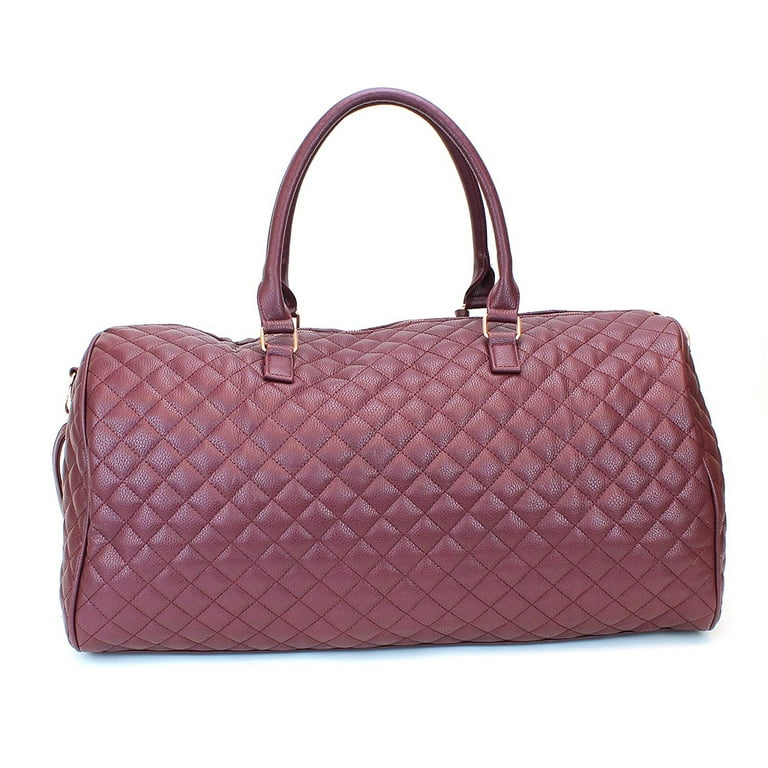 Women s Quilted Leather Weekender Travel Duffel Bag With Rose Gold Hardware Large 22 Size Cute Satin Inner Lining Dark Red Walmart