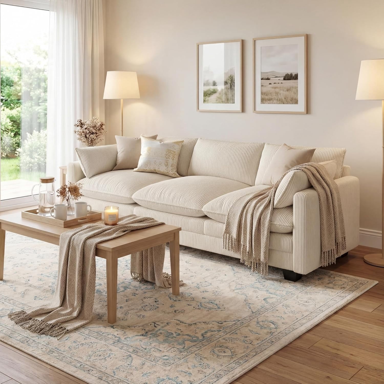 110" Cloud Couches for Living Room, Noelse 3 Seater Cloud Sofa with Double Layer Cushion and Deep Seat, Cream Couch with Washable Cover, Corduroy Fabric, Beige