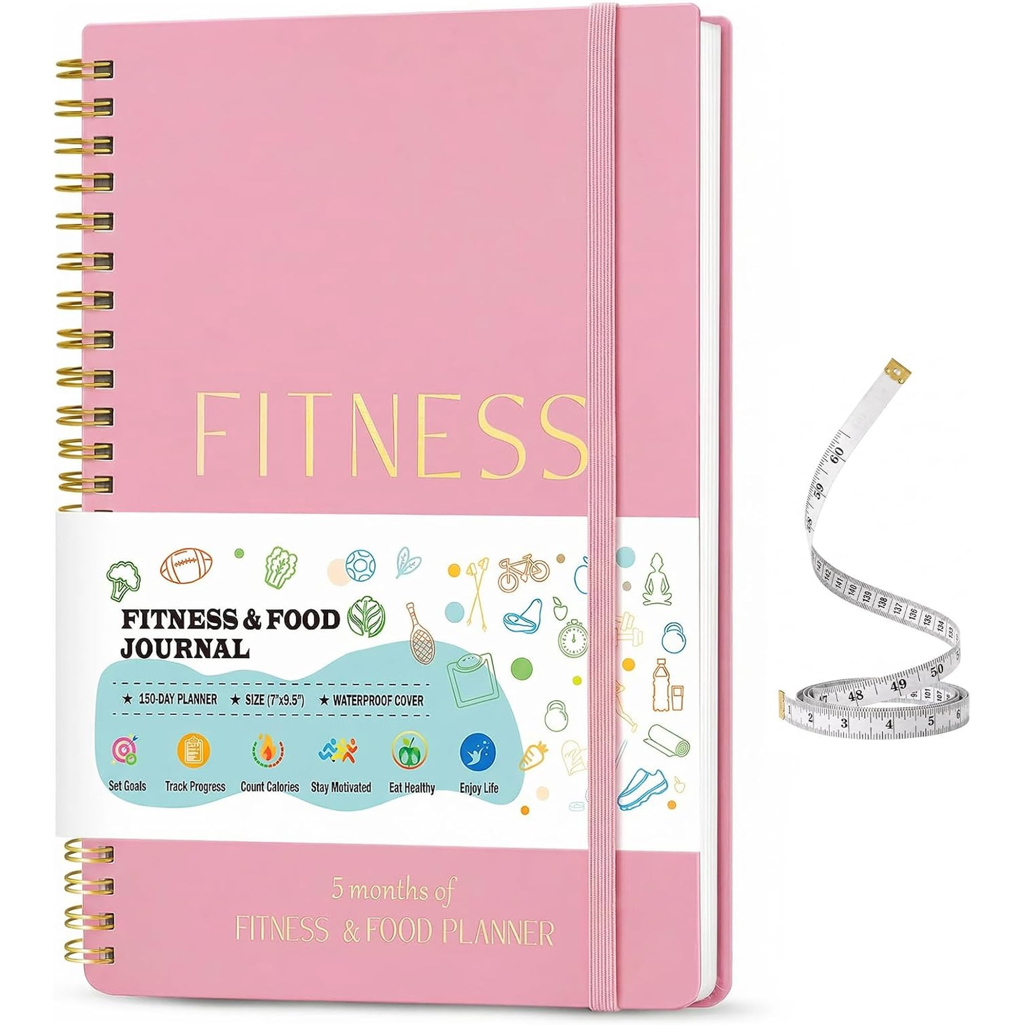 Fitness Food Journal for Women - Workout & Wellness Planner 150-day Notebook with Measuring Tape: Undated Pink for Diet Exercise Tracker (9.5’’*7’’)