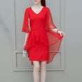 thumbnail image 3 of Ploknplq Robe d'Été Élégante pour Femmes Col en V Manches Courtes Couleur Unie Robe de Soirée Rouge L, 3 of 7