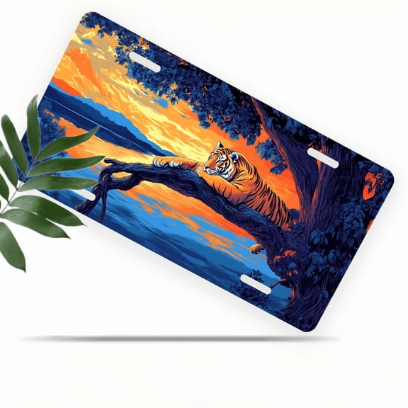 1 Pcs 2D Flat License Plate Covers & Frames, Tiger on a Branch For Decorative Front, Waterproof For Decoration Aluminum License Plate Covers & Frames Cover For Men Women, 12" X 6"
