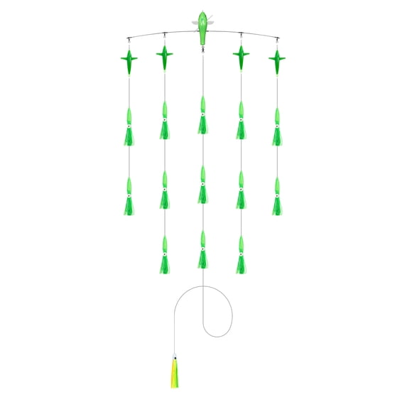 BLUEWING 36in Fishing Spreader Bar Starboard Canyon Offshore Spreader Bar with 9in Floating Squids, Trolling Birds and Big Game Trolling Lure for Wahoo Tuna Marlin Mahi Mahi, Green