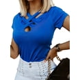 thumbnail image 3 of Uhndy Solid Color Basic Top for Womens Criss Cross Short Sleeve Shirts Summer Holiday Tunic Blouse blue 2XL, 3 of 4