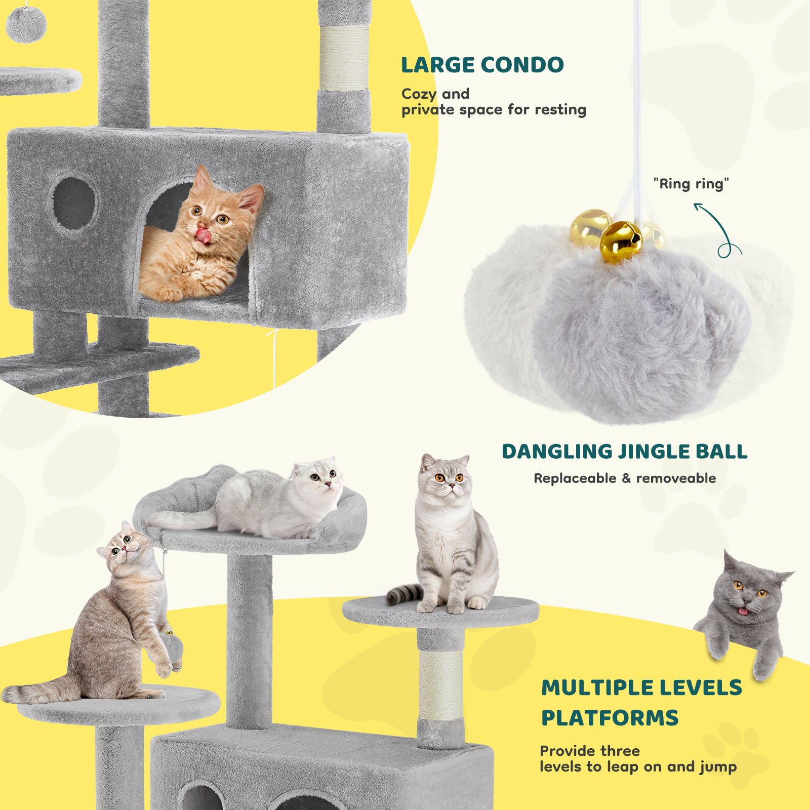 MCQ 54" Cat Tree Tower Multi-level with Scratching Post, Large Condo for Indoor, Light Gray