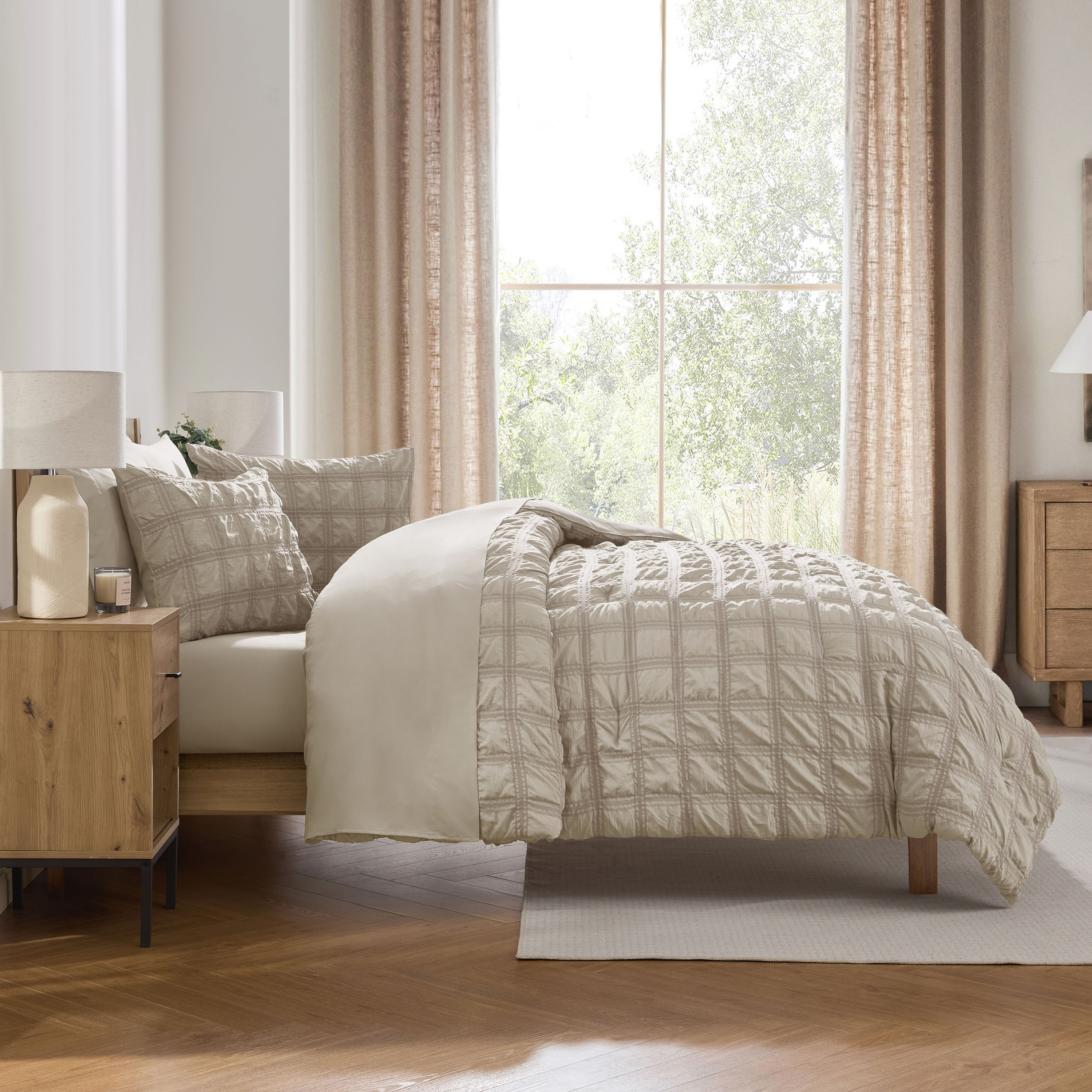 LammaLoe King Size Comforter Sets, 7 Piece Seersucker Bed in a Bag, Bedding Comforter Set with Sheets, Modern Bed Set, Oatmeal