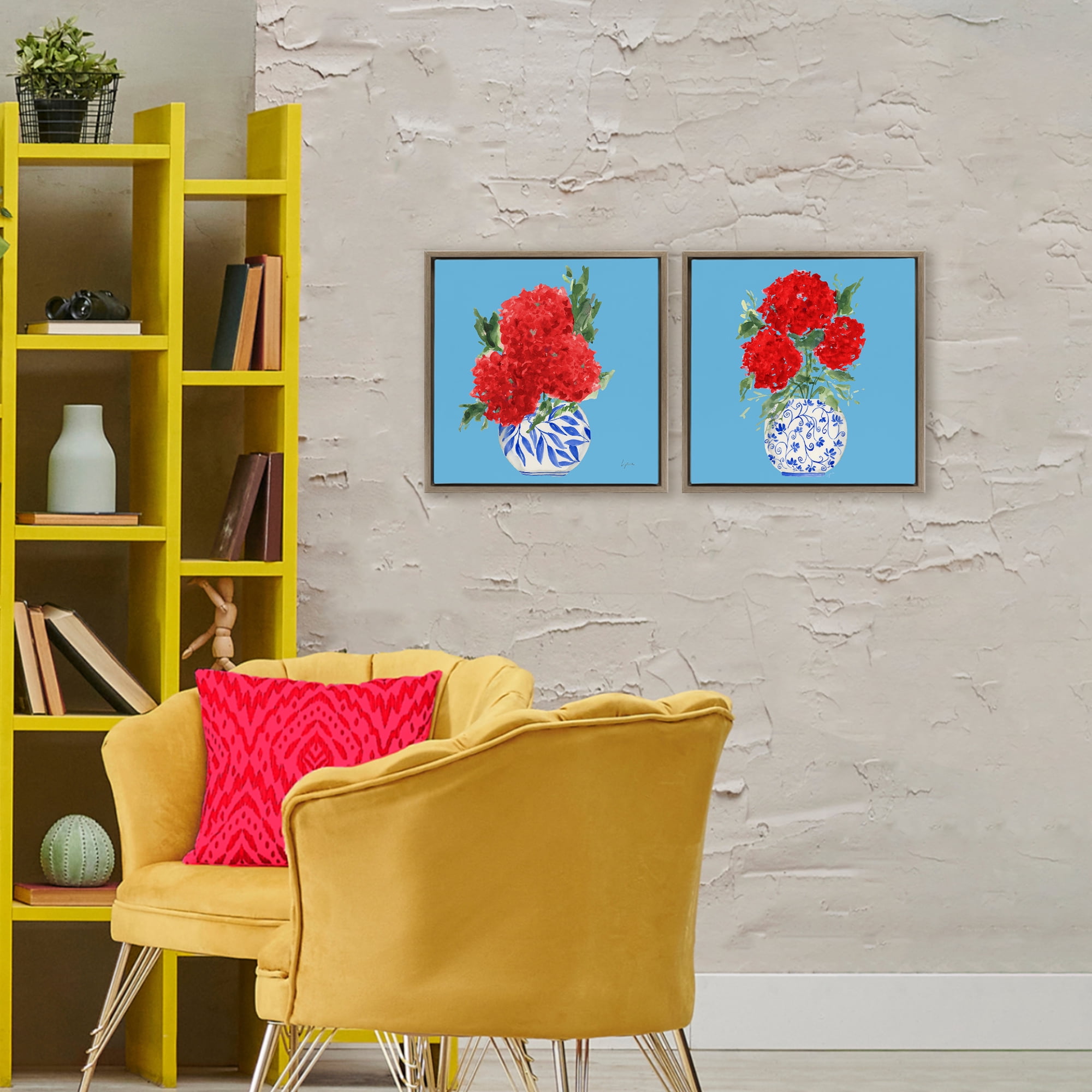 Stupell Industries Bright Red & Blue Hydrangeas 2 Piece Brown Framed Floater Canvas Set, design by Lucille Price