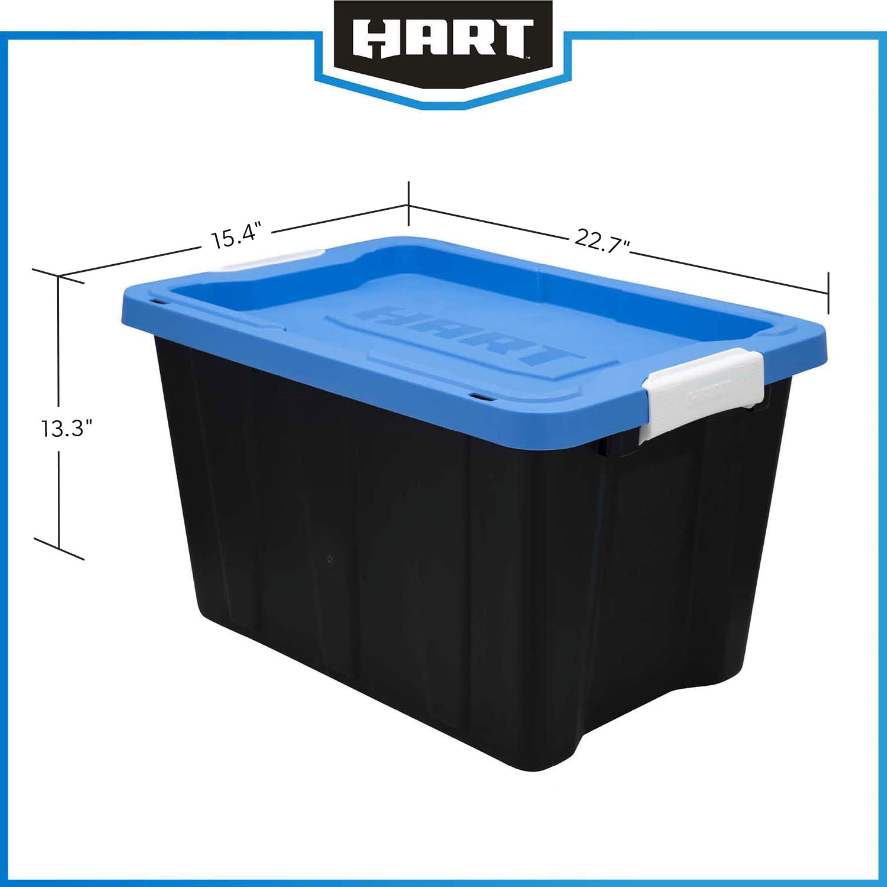 HART 12 Gallon Heavy Duty Latching Plastic Storage Bin Container, Black with Blue Lid, Set of 4