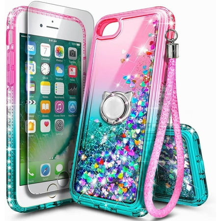 Nagebee Case for iPhone SE 3 5G 2022, iPhone SE 2 2020, iPhone 8 7 6S 6 with Tempered Glass Screen Protector, Glitter Liquid Bling Diamond, [Ring Holder & Wrist Strap] Case (Pink/Aqua)