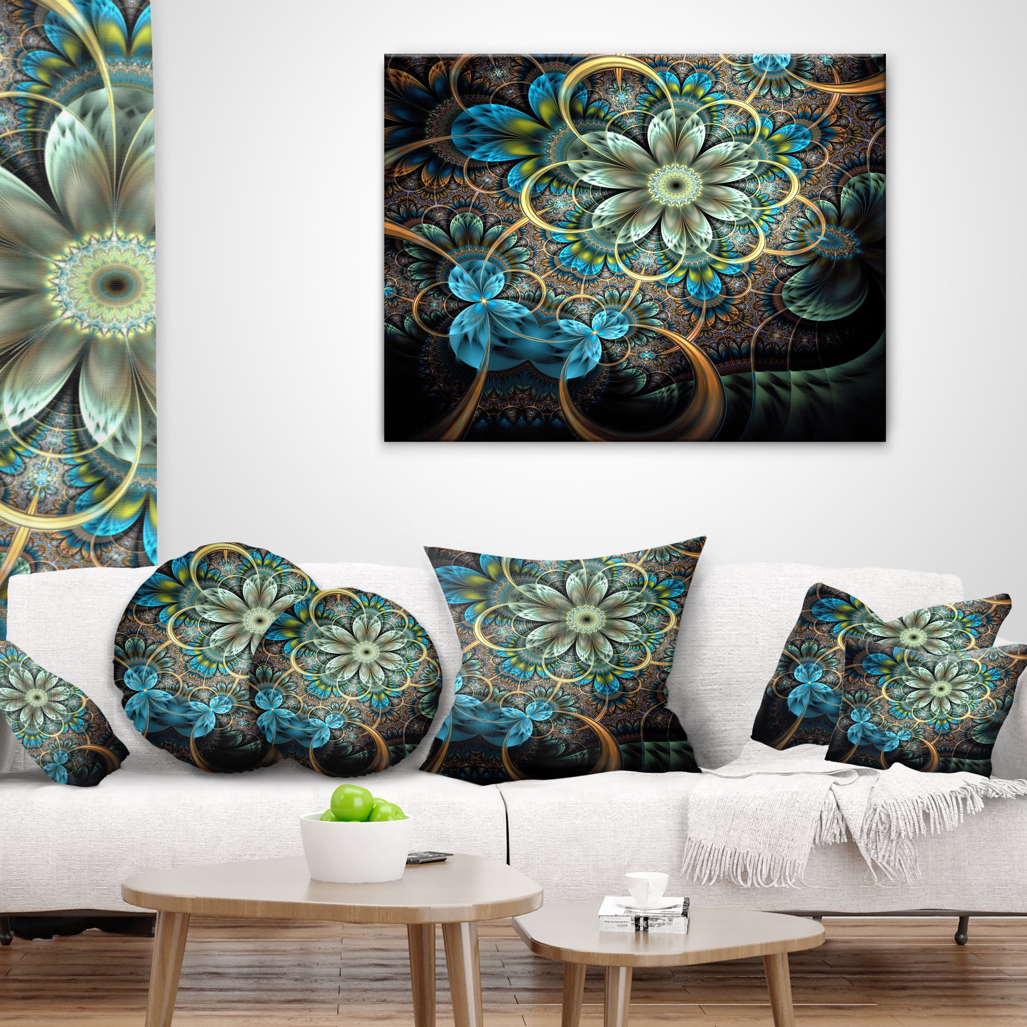 Designart Lighted Blue Fractal Blue Flowers - Floral Throw Pillow - 12x20