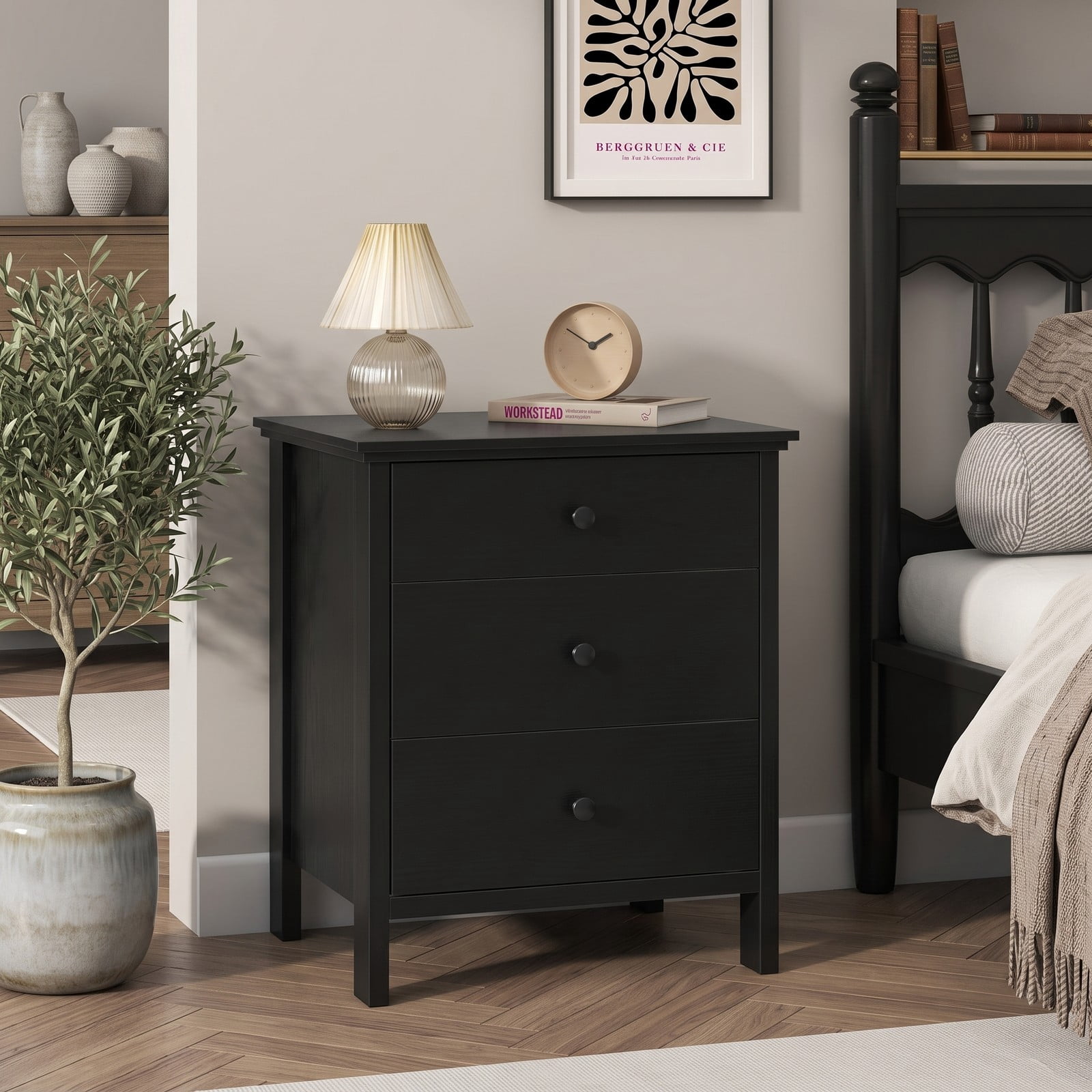 Furnibear 3-Drawer Wooden Nightstand with Wide Tabletop and Smooth Metal Slides for Bedroom Living Room and Study, Black