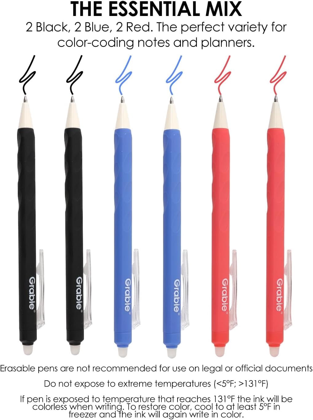 Erasable Gel Pens, Medium Point 0.7 mm Erasable Pens, Make Mistakes Disappear for Drawing Writing Planner, Pack of 6, Black/Blue/Red