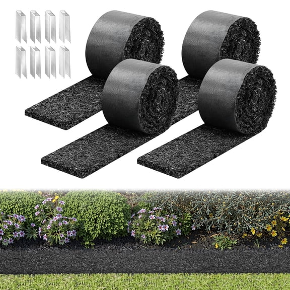 VEVOR Rubber Mulch Mat Roll, 4 Rolls 120 x 4.5 in, Recycled Rubber Permanent Mulch Edging Border, Natural-Looking Flower Barrier with Stakes, 0.5 in Thick Cuttable Garden Edgings for Landscaping