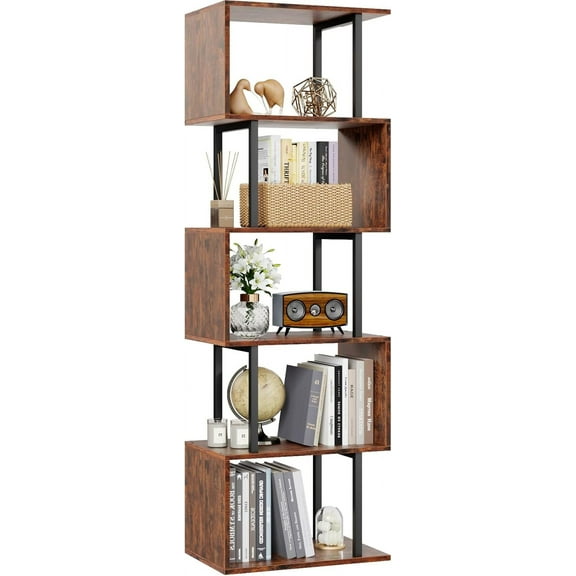 6 Tier Bookshelf, Tall S Shaped Geometric Bookcase, Modern Display Book Shelf Standing Unit, Wood Metal Decorative Room Divider Shelf for Living Room Bedroom Office, Rustic Brown