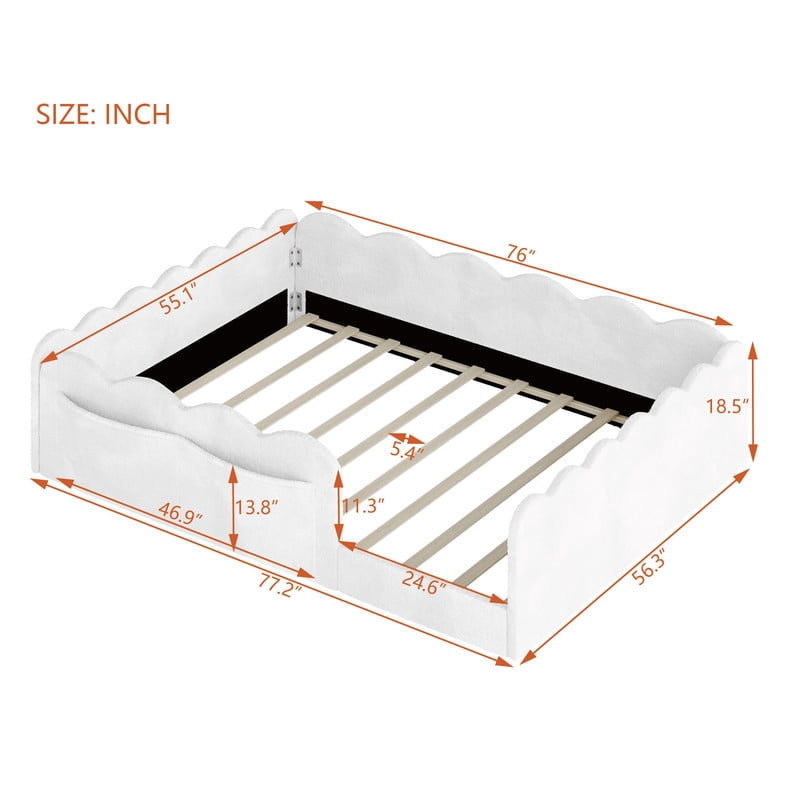 Full Size Upholstered Floor Bed, Faux Rabbit Fur Daybed Frame with 2 Storage Pockets, Kids Bed with Wavy Design Fence