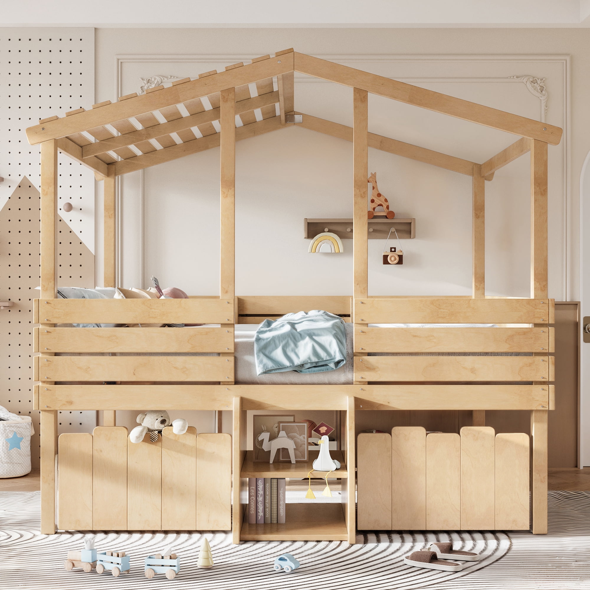 HOQBN House Loft Bed Full Size,Low Loft Bed with Stairs and 2 Big Storage Drawers,Farmhouse Style Bed Frame with House Shaped Roof,Natural
