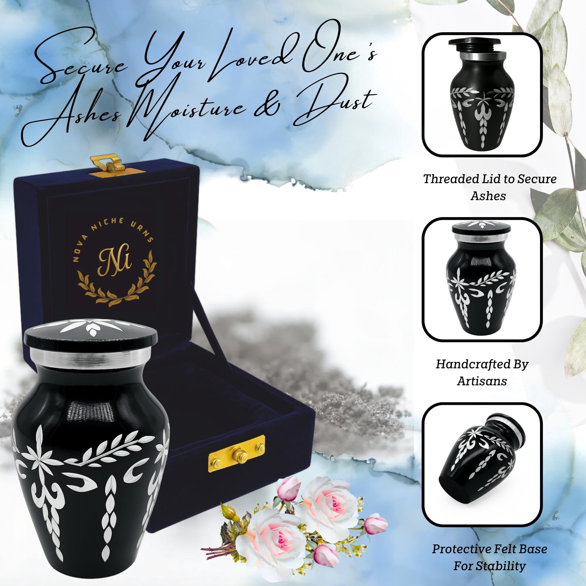 Nova Niche Black Small Cremation Urn for Human Ashes – Handicrafted Memorial Keepsake with Velvet Box.(3"cu.in)