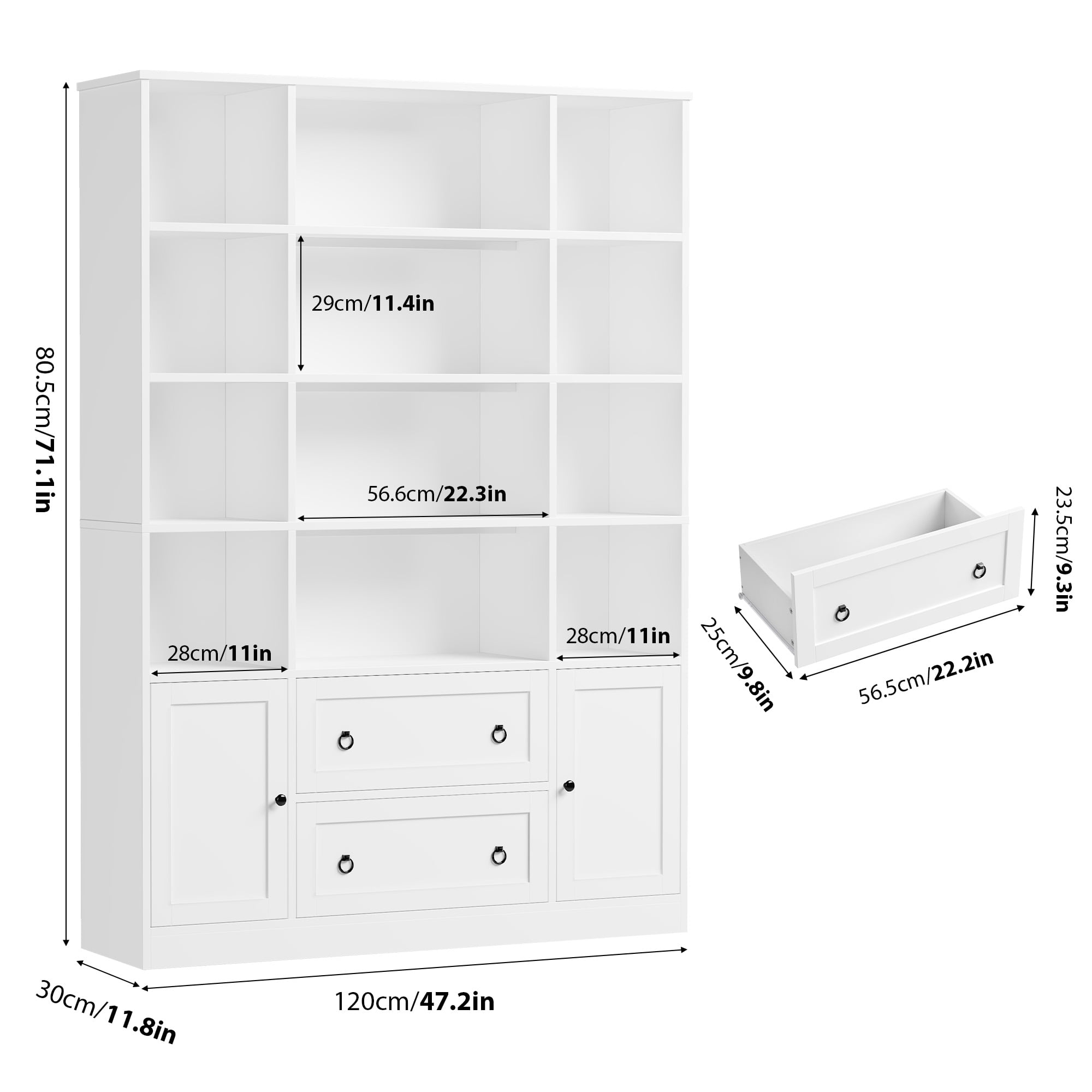 Homfa 71″ Tall Bookcases with Storage Drawers & Doors, 12 Cubes 4-Tier Triple Row Bookshelf, White Bookcase for Living Room Home Office