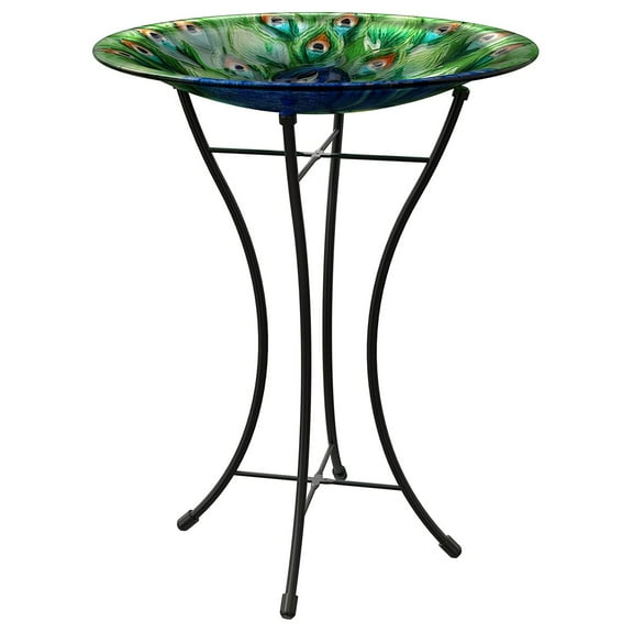 Panacea 82905 Plastic Resin Peacock Style Metal Glass Bird Bath w/ Stand