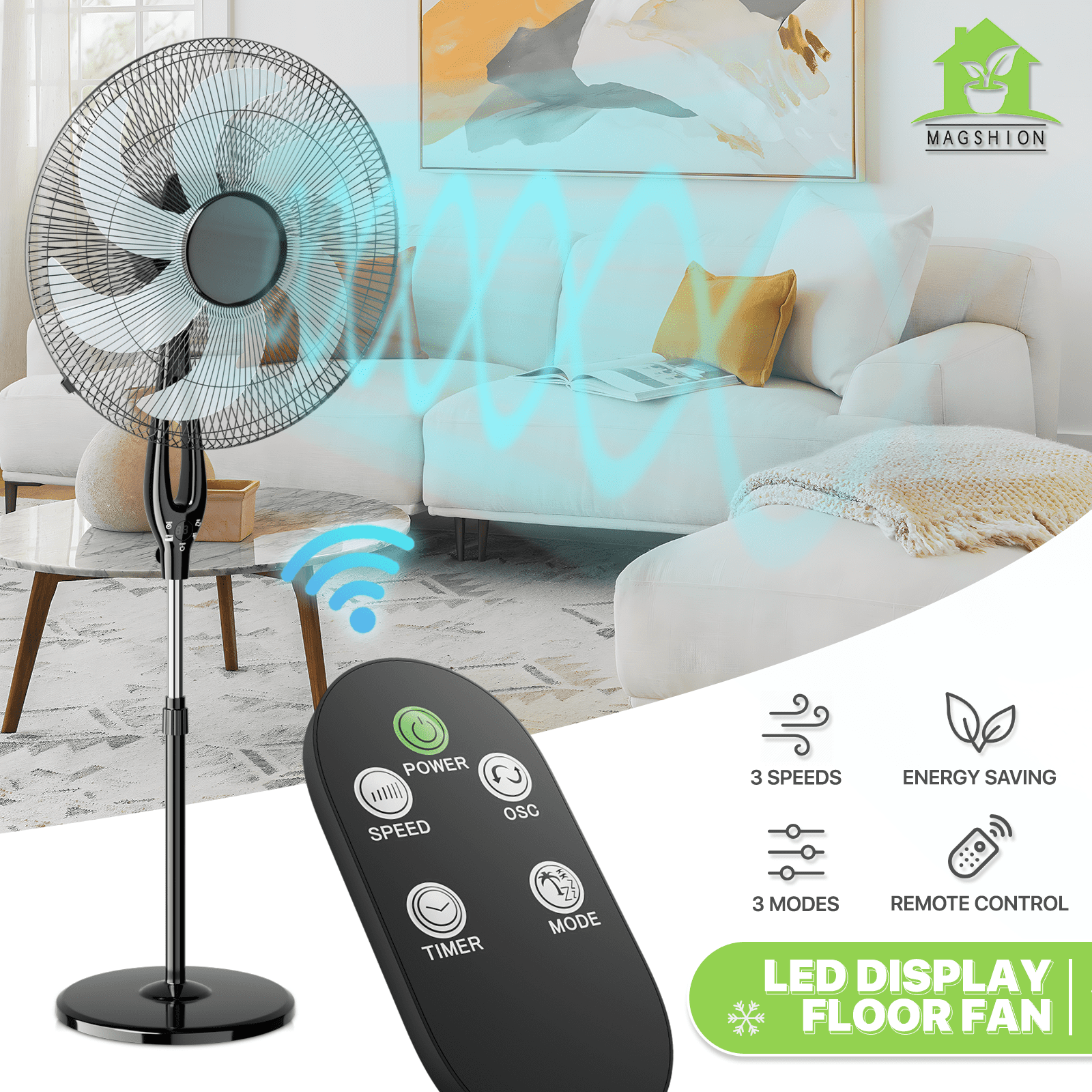 Magshion 17" Oscillating Pedestal Fan with 3 Speeds, Adjustable Standing Cooling Fan with Remote, Ultra Quiet Stand Up Fan, 3 Modes Floor Fan for Home Bedroom Office, Black