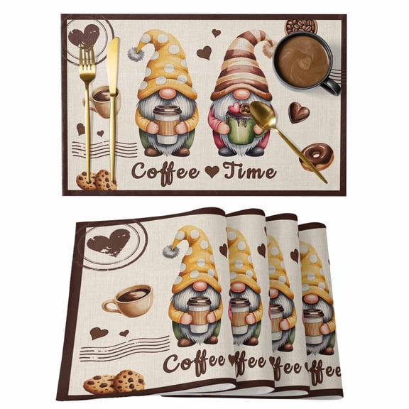 Farmhouse Coffee Time Placemats Set of 8, Vintage Gnomes DessertsBeige Burlap Placemats for Dining Table, Place Mats for Kitchen Tabletop, Waterproof Wipeable Dining Table Mats Set