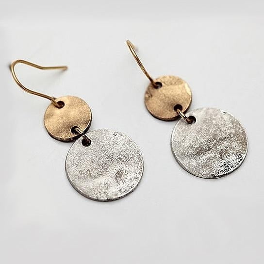 Unique Jewelry for Women Rustic Textured Brass and Copper Odd-Shaped Metal Dangle Earrings