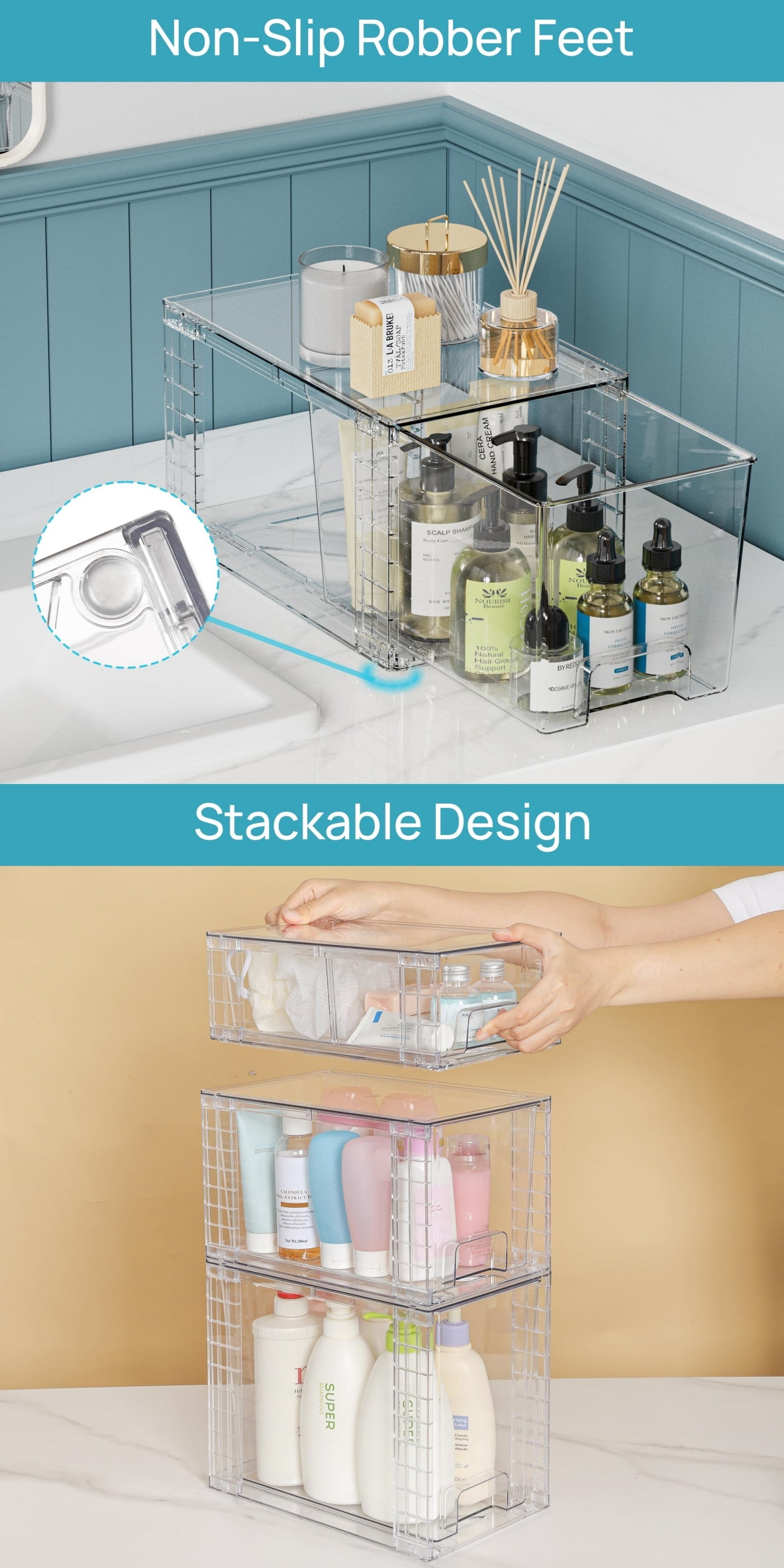 6-Pack Clear Stackable Storage Drawers, Easy to Assemble Bathroom Organizers and Storage with Handles, Plastic Drawers for Kitchen, Pantry, Cabinet, Under Sink Organization