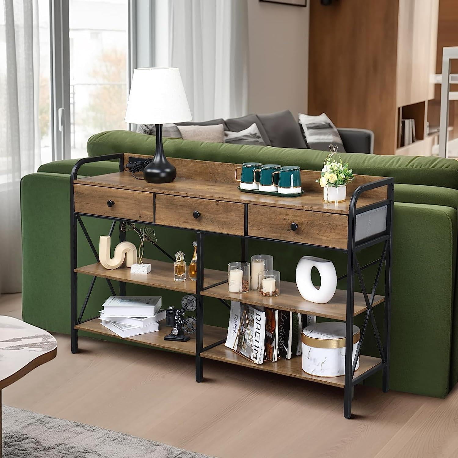 Zimtown Console Table with Power Outlet, 55" Narrow Sofa Table Industrial Entryway Table with USB Ports, Behind Couch Table for Entryway, Hallway, Foyer, Living Room, Bedroom