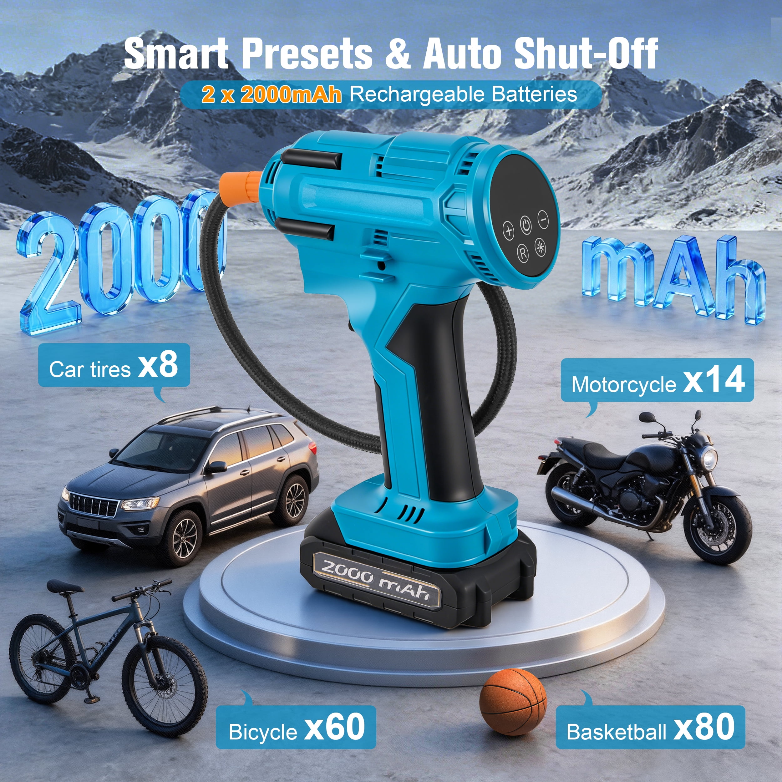 RELOIVE Tire Inflator Portable Air Compressor,150 Psi Air Pump with 2x2000mAh battery,Digital Pressure Gauge, LED Light and Auto Shut-Off Function,Cordless Pump for Car, Motorcycle, Bicycle, Balls