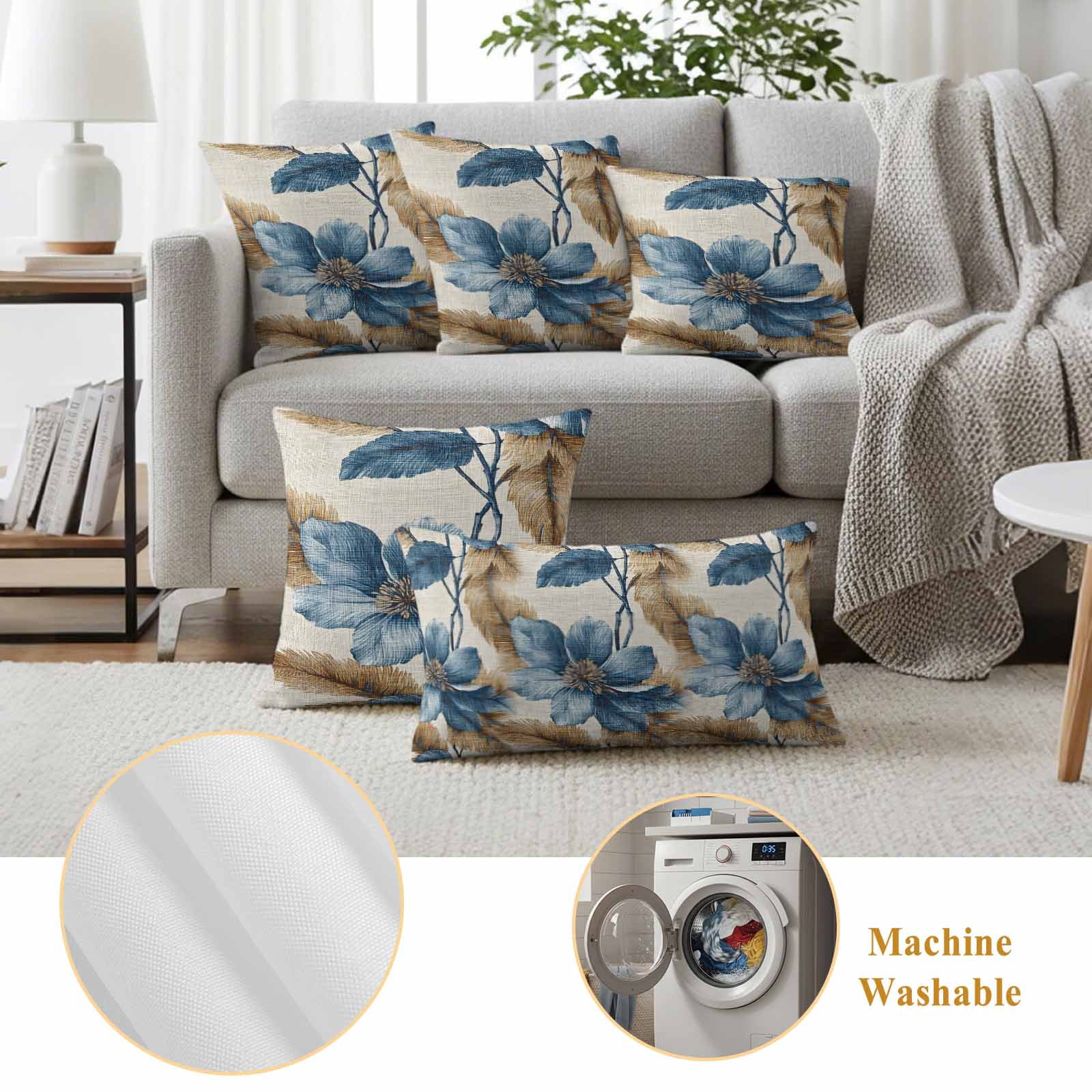 Blue Brown Botanical Outdoor Waterproof Pillow Covers, Flowers Vintage Summer Decorative Rectangle Throw Pillowcase Sofa Cushion Sham for Patio/Couch/Chair, 20"x12" 2 Pack