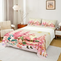 Manfei Cartoon Santa Claus Twin Sheet Sets for Kids, Pink Christmas Tree Twin Fitted Sheet, Kawaii Reindeer Penguin Snowman Flat Sheet, Luxury Bedroom Decor, 3 Pieces