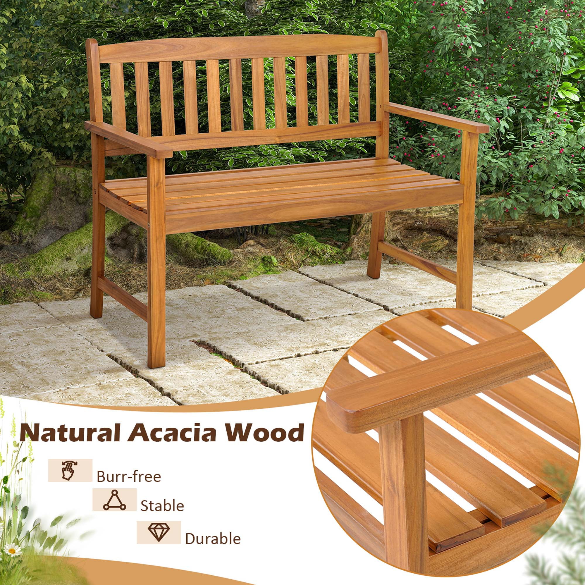 Costway 2-Person Patio Acacia Wood Bench for Porch