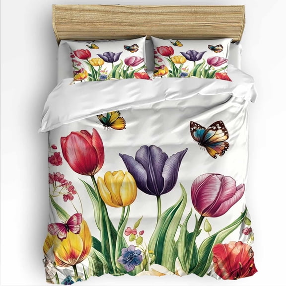Spring Tulip Butterfly King Size Comforter Set, Plant Leaf Pastoral Soft Bedding for All Seasons, 4 Pcs Bed Set with 1Comforter (90"x106") ,1 Sheet(94"x116"), 2 Pillowcases (19"x35")